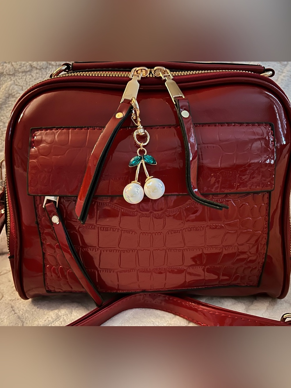 Patent Croc-Embossed Red Crossbody with Cherry Charm